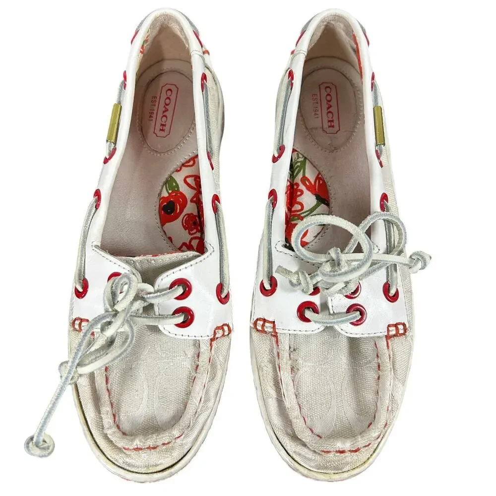 Preowned COACH boat shoe slip on- Sz 6M some overall wear- beige with red accent